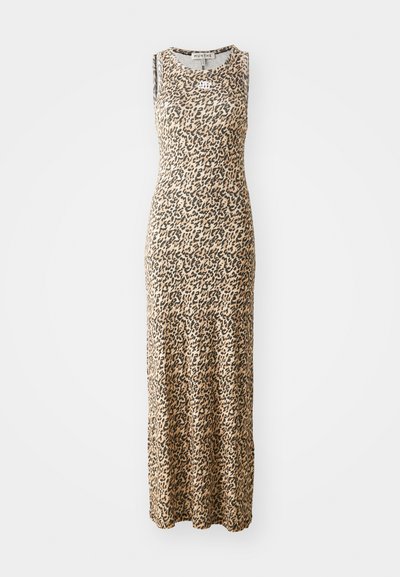 Ärmlös maxiklänning i beige med svart leopardmönster, med rund halsringning. Gjord av ett mjukt, stretchigt material för komfort.