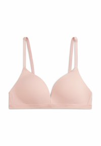 Reggiseno triangolare rosa con sottili spalline regolabili, texture liscia e design senza cuciture. Tessuto morbido con una fascia sottostante elasticizzata.