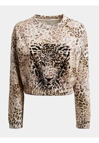 Sudadera recortada de tela suave con un prominente estampado de leopardo negro sobre un fondo moteado en beige y marrón claro. Mangas largas.