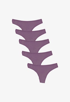 Vijf paar paarse polyestermix stringens met een naadloos ontwerp en smalle zijkanten, gerangschikt in een gestapelde formatie.