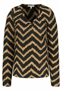 Long-sleeve V-neck top made of soft fabric with a black and beige zigzag pattern. Features a relaxed fit and textured finish.