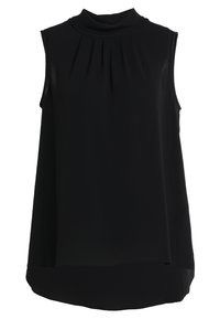 Svart ärmlös topp med hög halsringning, med plisseringar fram och en böjd fåll för en lös passform. Slät, lättviktsmaterial.