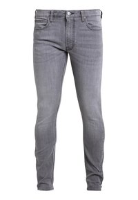 Skinny-fit gray denim jeans with five pockets, a button and zip fly, and subtle fading along the legs for added texture.