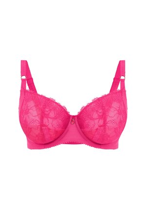 Sostenedor de encaje rosa con patrones florales, copas semi-translúcidas y una banda sólida. Tirantes ajustables con acentos metálicos en el centro.