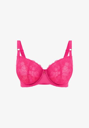 Sostenedor de encaje rosa con patrones florales, copas semi-translúcidas y una banda sólida. Tirantes ajustables con acentos metálicos en el centro.