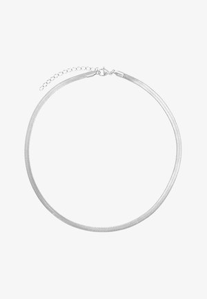 Srebrna mrežasta choker ogrlica s elegantnim, fleksibilnim dizajnom. Uključuje kopču za rakovicu i produžni lanac za prilagodljivu duljinu.