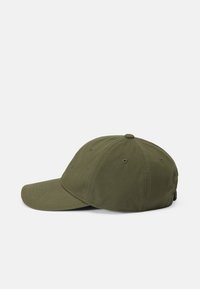 Olive green baseball cap with a curved visor, six-panel design, stitched accents, and ventilation eyelets. Adjustable strap at the back.