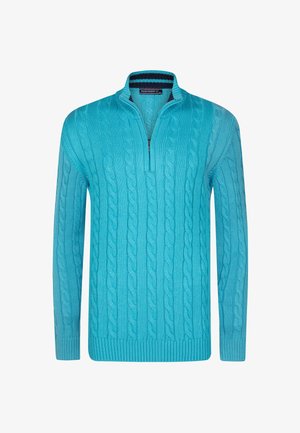 Turquoise kabelgebreide trui met een kwart rits, voorzien van textuurrijke patronen en geribbelde boorden en onderkant. Gemaakt van zacht breimateriaal.
