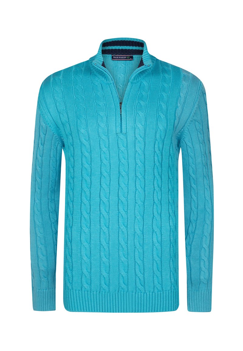 Türkiser Strickpullover mit einem Viertel-Reißverschluss, der strukturierte Muster sowie gerippte Bündchen und Saum aufweist. Aus weichem Strickmaterial hergestellt.