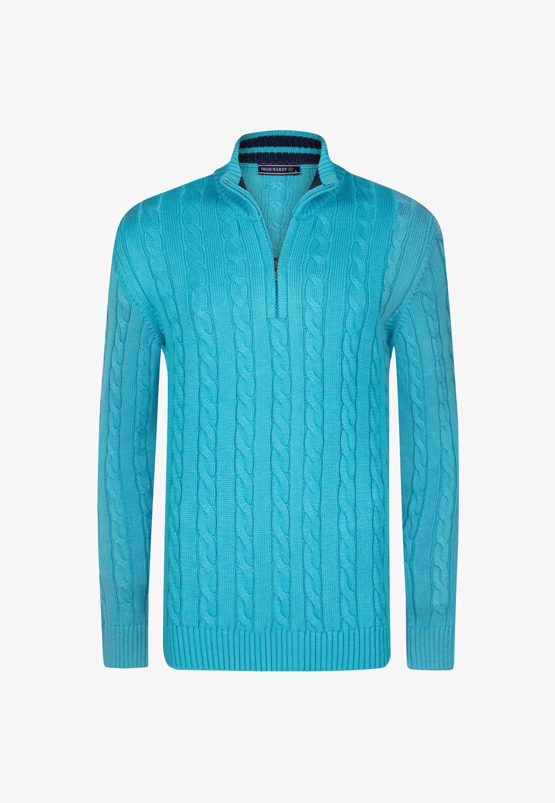 Türkiser Strickpullover mit einem Viertel-Reißverschluss, der strukturierte Muster sowie gerippte Bündchen und Saum aufweist. Aus weichem Strickmaterial hergestellt.