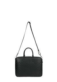 Borsa per laptop in pelle nera con texture intrecciata, doppi manici e tracolla regolabile. Finitura liscia con chiusura a zip.