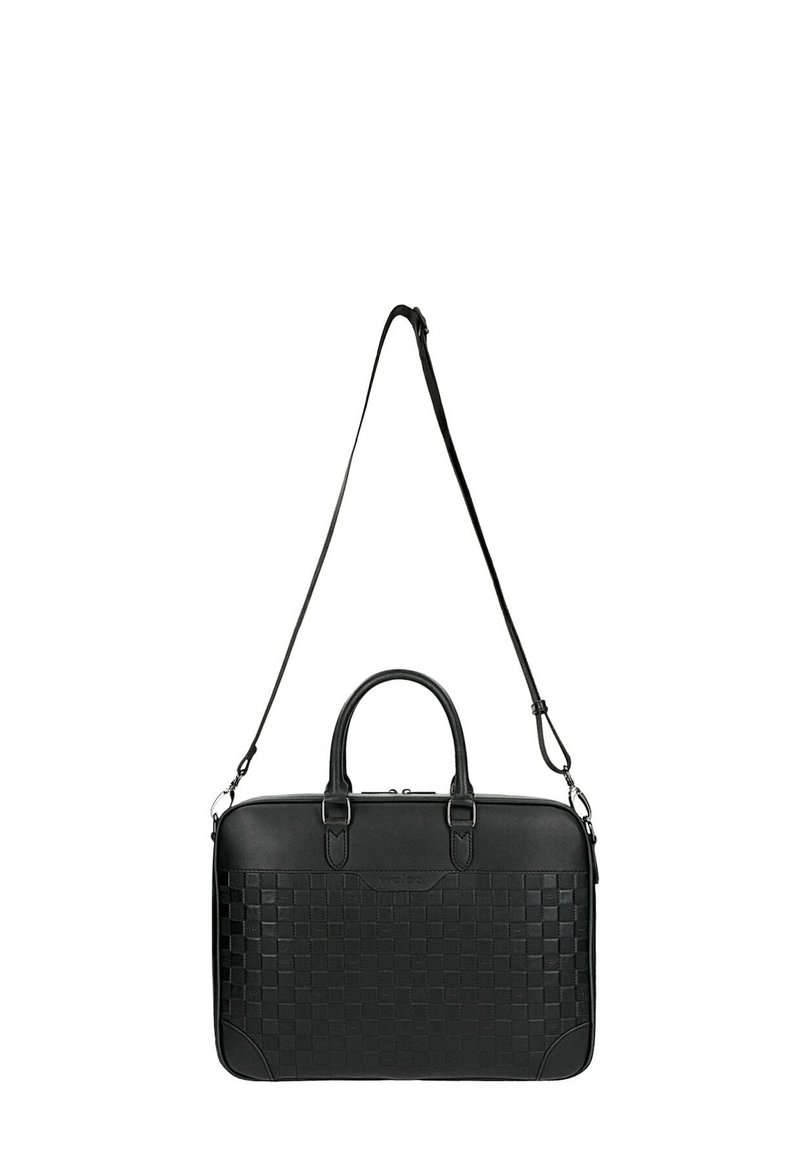 Borsa per laptop in pelle nera con texture intrecciata, doppi manici e tracolla regolabile. Finitura liscia con chiusura a zip.