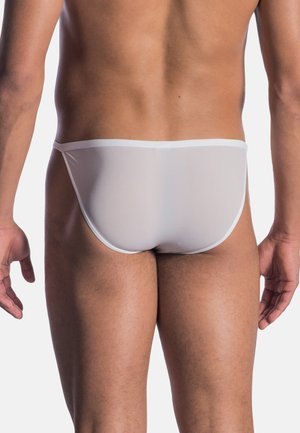 Weiße Unterhose aus glattem Material und mit tailliertem Schnitt. Verfügt über einen tief sitzenden Bund und minimale Abdeckung auf der Rückseite.