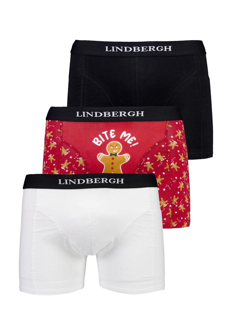 Drei Paare Herren-Boxershorts: schwarz, weiß und rot mit einem Lebkuchenmann-Muster und dem Text "BITE ME!", alle mit schwarzen LINDBERGH-Elastikbünden.