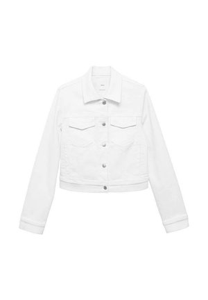 White denim jacket with long sleeves, button front, and two chest pockets. Cropped design, smooth texture, minimalistic style.