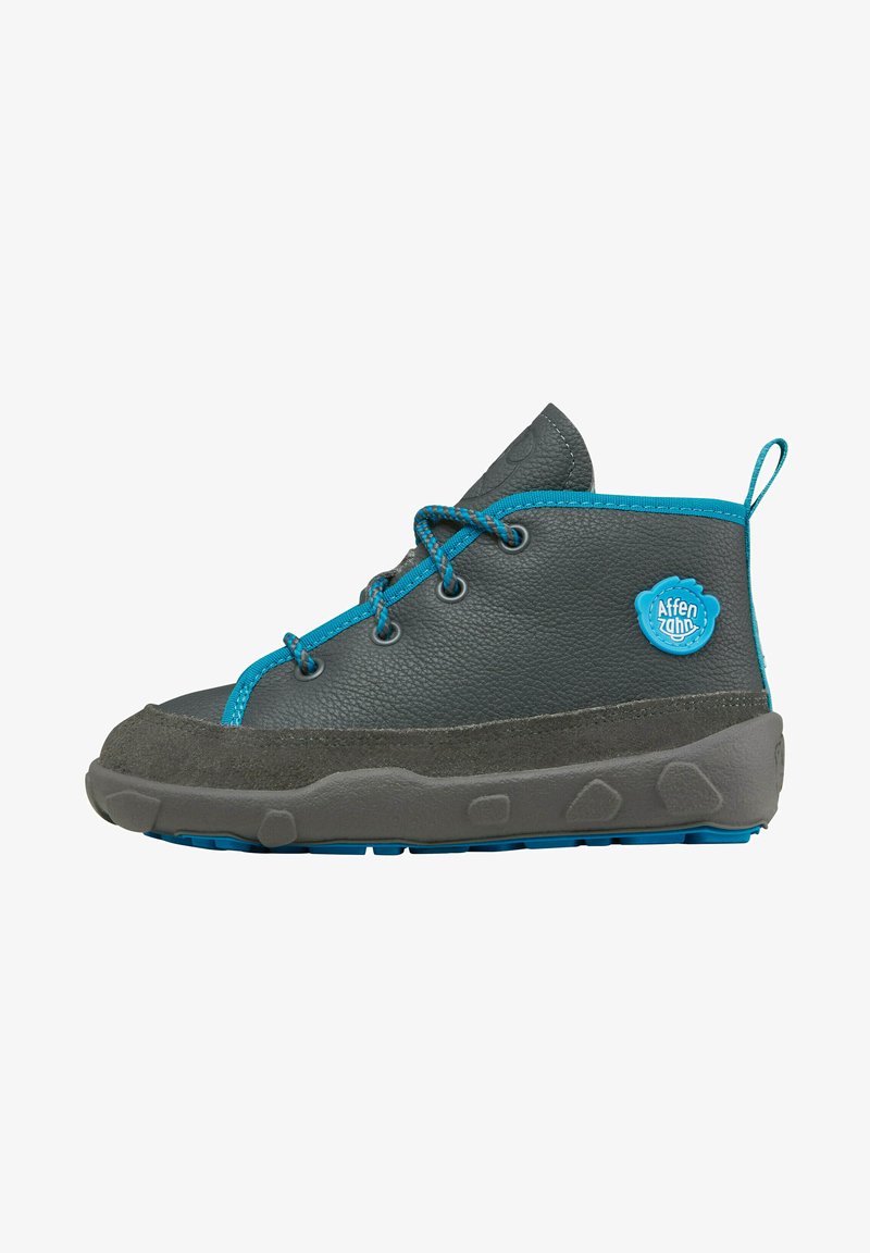 Gray high-top shoes with blue accents, textured leather upper, rubber sole, and contrasting blue laces. Features a logo patch on the side.