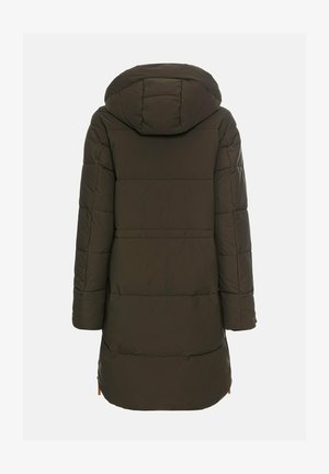 Puffer jacket in dark olive green, featuring a hood, vertical seams, and a mid-length design. Smooth texture with a regular fit.