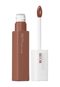 Rouge à lèvres liquide mat Maybelline Super Stay Matte Ink dans un tube rectangulaire marron avec un applicateur blanc, doté d'une pointe en mousse douce.