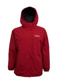 Veste imperméable rouge avec capuche, poignets élastiques, poches latérales zippées et logo "JACK1T" sur la poitrine.