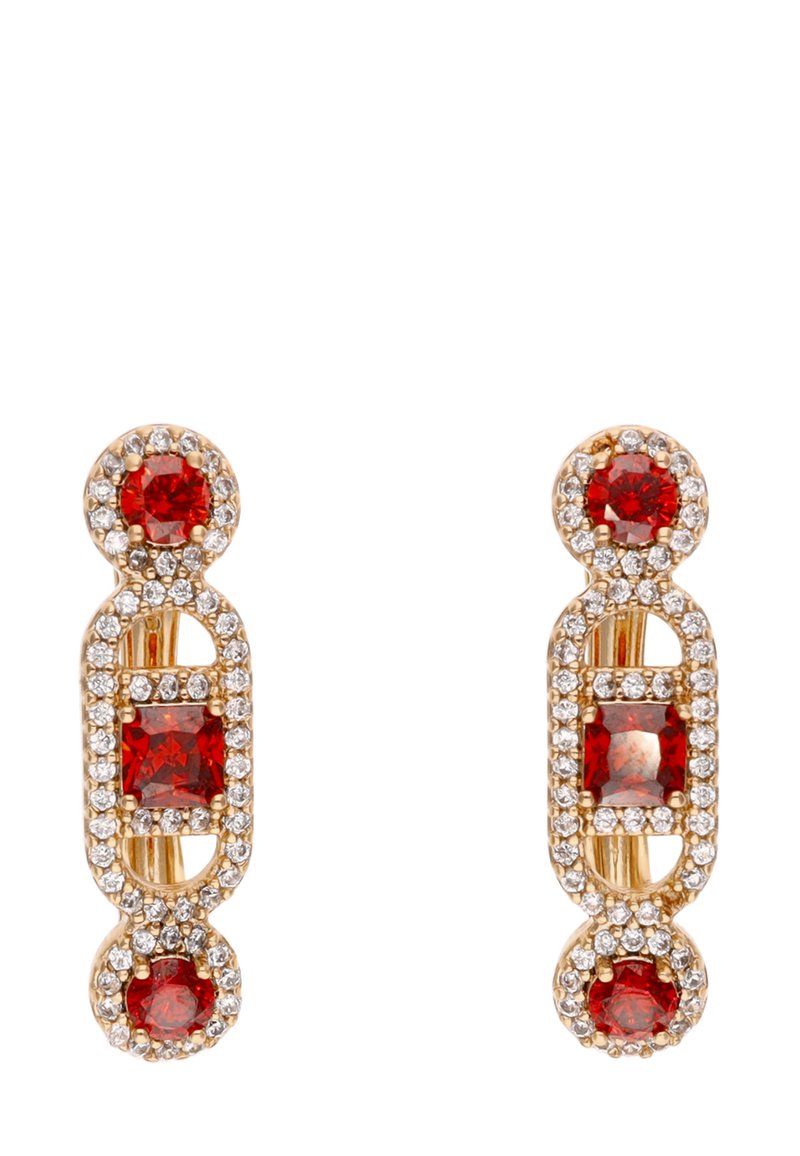 Guldtonede øreringe med røde ædelsten og klare rhinsten, arrangeret i et geometrisk mønster med cirkulære og rektangulære former.