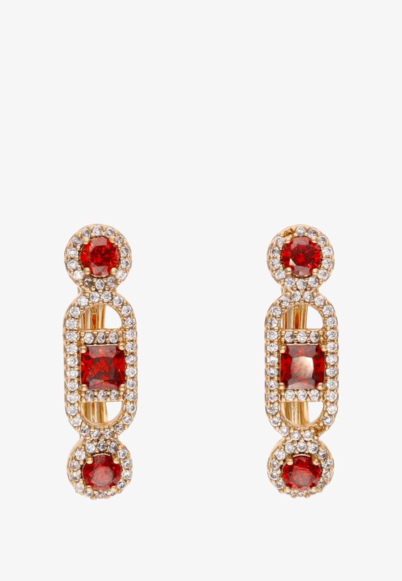Ohrringe in Goldfarbe mit roten Edelsteinen und klaren Strasssteinen, angeordnet in einem geometrischen Muster mit kreisförmigen und rechteckigen Formen.