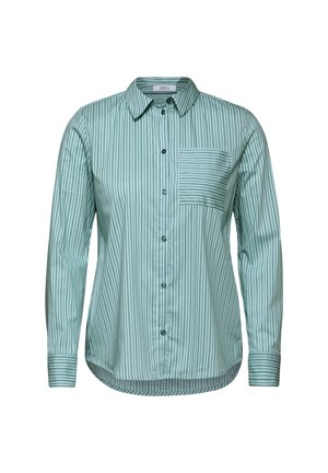Grøn-stribet skjorte med knapper lavet af glat stof. Har en brystlomme med vandrette striber, rundet kant og manchetterede lange ærmer.