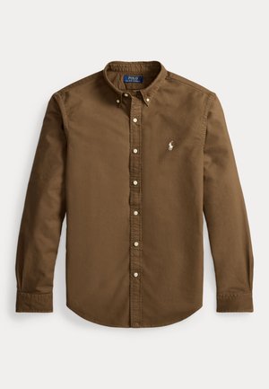 Barna, hosszú ujjú, gombos ing, gombos gallérral, bal mellkason kis fehér, hímzett Polo Ralph Lauren logóval.