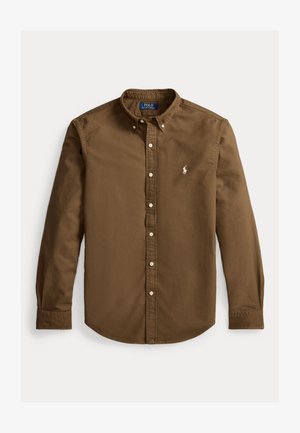 Barna, hosszú ujjú, gombos ing, gombos gallérral, bal mellkason kis fehér, hímzett Polo Ralph Lauren logóval.