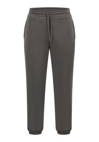 Pantalones deportivos grises con cintura elástica y cordón, con puños en los tobillos y bolsillos laterales. Tejido suave con textura lisa.