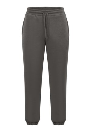 Szare spodnie dresowe z elastycznym pasem i sznurkiem do regulacji, wyposażone w ściągacze u dołu nogawek oraz boczne kieszenie. Miękki materiał o gładkiej fakturze.