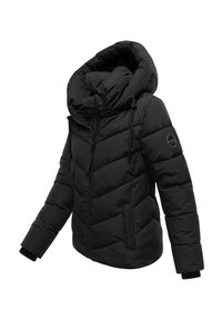 Chaqueta acolchada negra aislante con capucha, con cierre frontal de cremallera, diseño acolchado, puños elásticos y un parche con logo en la manga.