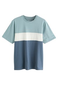 Kortærmet T-shirt i lyseblå, hvid og marinefarvede blokke; lavet af blødt stof med rund hals og afslappet pasform.