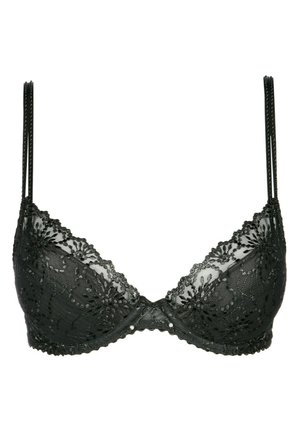 Black lace bra with floral embroidered pattern, adjustable straps, and underwire support. Features small decorative beads at the center.