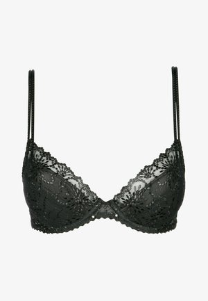 Schwarzer Spitze-BH mit floralem Stickmuster, verstellbaren Trägern und Stützunterdraht. Mit kleinen dekorativen Perlen in der Mitte.
