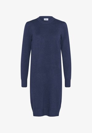 Gestricktes langärmliges Kleid in dunkelblau. Verfügt über einen runden Ausschnitt, gerippte Bündchen und eine lockere Passform mit einem leicht verjüngten Saum.