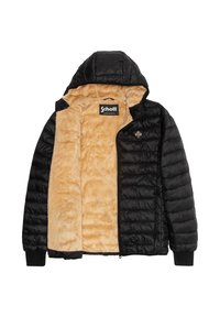 Sort puffet jakke med hætte, der har en blød tan-agtig imiteret pelsforing, quiltet yderside og ribstrikkede manchetter. Schott-logo synligt indvendigt.