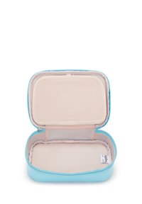 Blue zippered case with a soft beige interior. Features two compartments and a smooth texture. Stitched edges and a small logo tag inside.