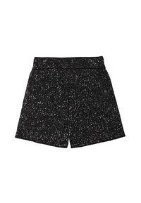 Pantaloni corti neri realizzati in un tessuto testurizzato con paillettes argentate sparse, vita elastica e design dalla vestibilità rilassata.