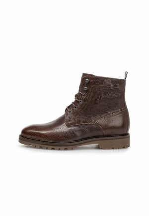 Dark brown textured leather ankle boot with lace-up front, metal eyelets, rugged sole, and pull tab at the back on a white background.