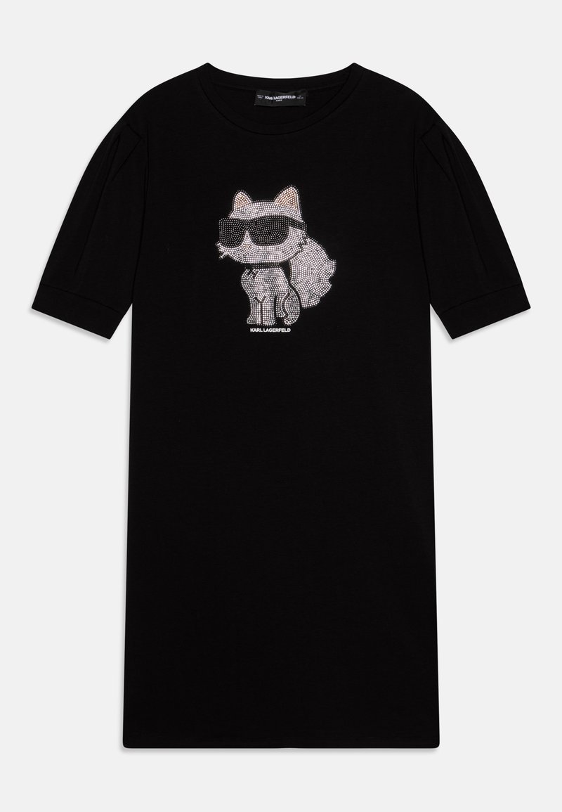 T-shirt de algodão preto com um gato de desenho animado adornado com strass, usando óculos de sol, com mangas curtas e decote redondo.