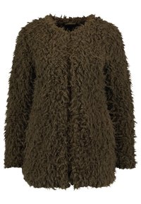 Futrzana, brązowa teksturowana kurtka z długimi rękawami, otwartym przodem i miękkim, shaggy materiałem. Lekko oversize'owa, zapewniająca luźny krój.