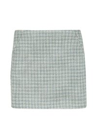 Gonna mini tessuta in azzurro chiaro e bianco a quadri, caratterizzata da una texture liscia e un taglio dritto, adatta per un abbigliamento casual.
