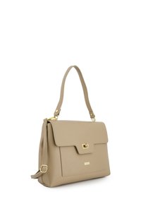 Beige leather handbag with a structured shape, fold-over flap, gold hardware, and a detachable shoulder strap. Smooth texture with subtle grain.