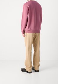 Felpa a maniche lunghe in tessuto rosa tenue, abbinata a pantaloni beige chiaro e scarpe nere. La felpa presenta una scollatura a girocollo e polsini a costine.