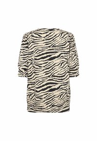 Short-sleeve top featuring a cream background with black tiger stripe pattern. Relaxed fit with a rounded neckline and soft texture.