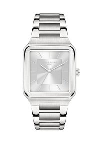 Silberner Edelstahlarmbanduhren mit quadratischem Zifferblatt, gebürstetem silbernen Zifferblatt, schlanken Zeigern und einem Gliederarmband. Verfügt über minimalistische Stundenmarkierungen.