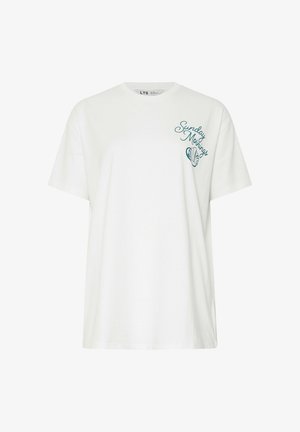 Weißes T-Shirt mit kurzen Ärmeln, türkisfarbenem "Sunday Mornings" Schriftzug und Muschel-Grafik auf der linken Brust, Rundhalsausschnitt, entspannter Schnitt.