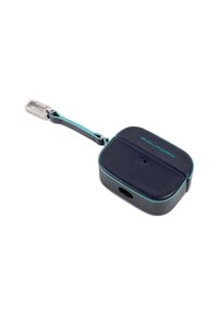 Funda para Bluetooth en azul oscuro con detalles en verde azulado, de forma rectangular, textura suave, que cuenta con un lazo para colgar y un puerto de carga.