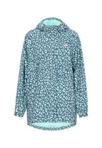 Chaqueta con estampado de leopardo en tonos azul verdoso y azul claro, hecha de material ligero, con capucha y bolsillos laterales para mayor practicidad.