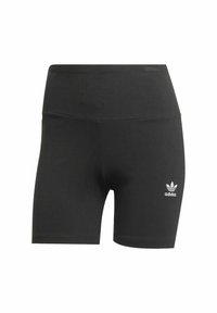 Čierne rebrované cyklistické šortky s vysokým pásom a bielym logom Adidas na ľavom stehne. Vyrobené z pružného materiálu pre pohodlie.